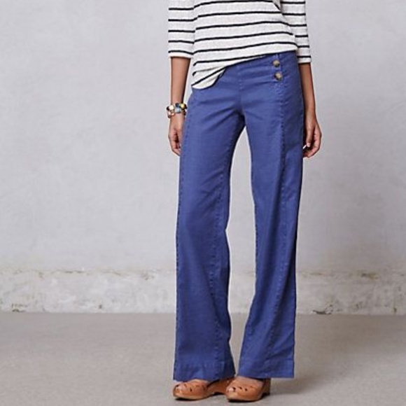 Anthropologie Pants - Level 99 Blue Linen Sailor Wide-Legs Trousers